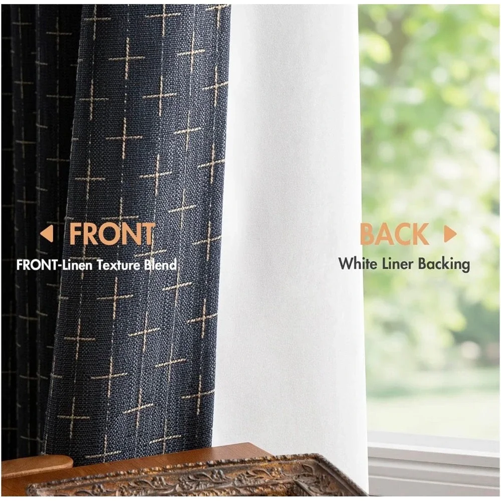 MIULEE 100% Blackout Linen Curtains Geometric Pattern Farmhouse Drapes Navy Blue